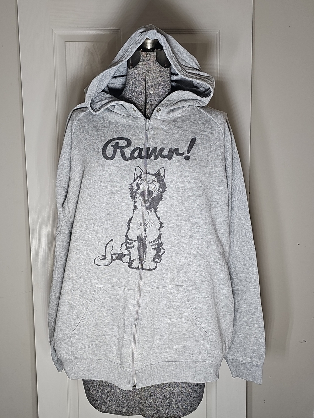 American Apparel California Fleece Gray "Rawr!" Yawning Cat Zip-Up Hoodie XL